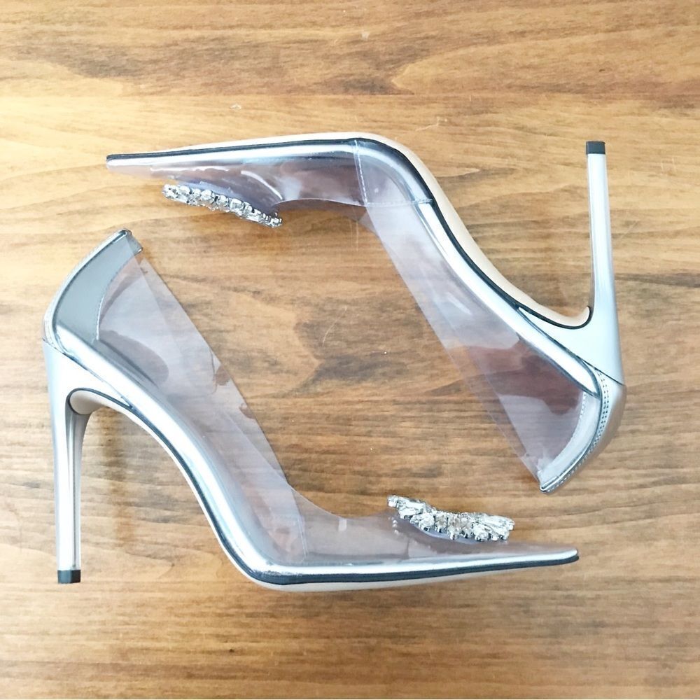 New GOOD AMERICAN CLEAR Silver Heels - Picture 9 of 13